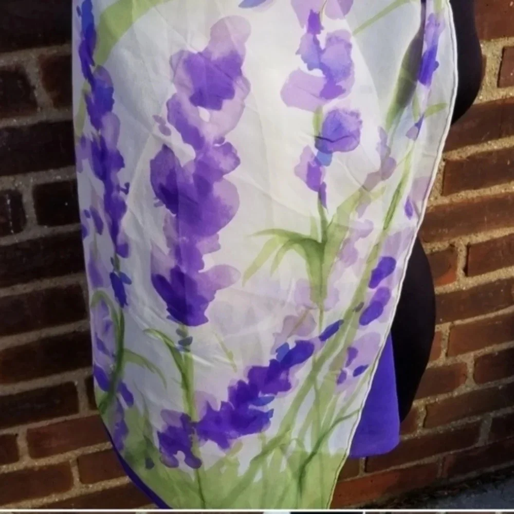 Vintage Silk Organza Watercolor Floral Scarf Sheer Lavender Green Wrap